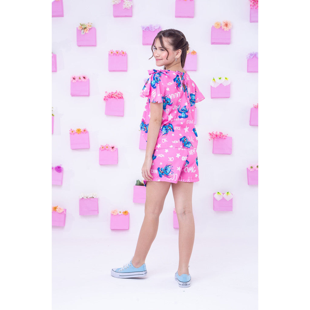 Conjunto Stitch Infantil Menina Manga Babado Com Laço Rosa Conjunto Lilo Stitch Juvenil