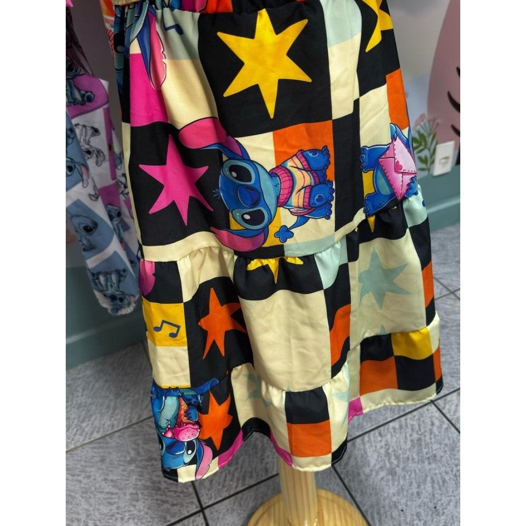 Cropped Infantil Menina Blogueirinha Com Babado Em Camadas Saia e Blusa Stitch Amarração Nas Costas