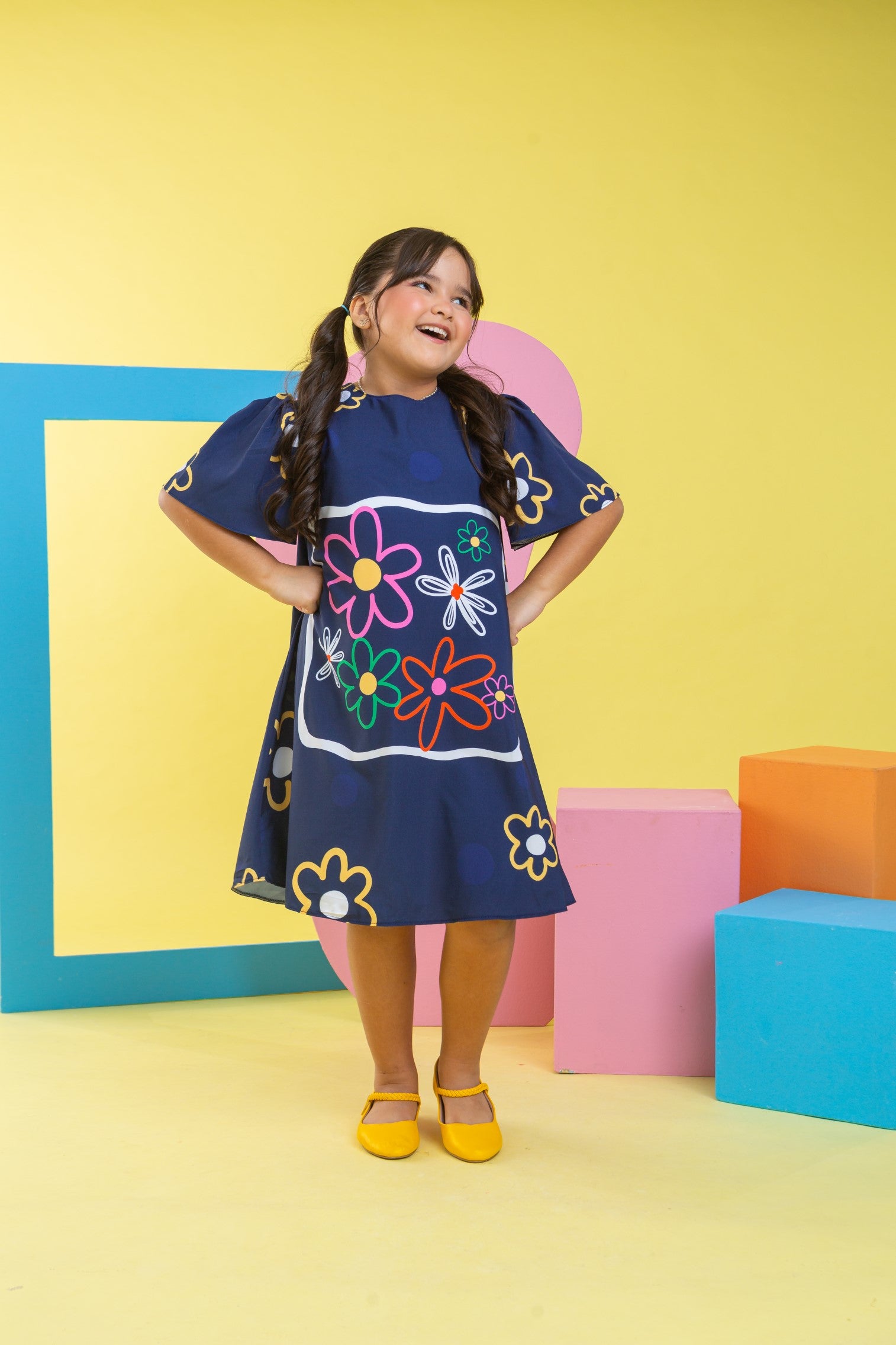 Vestido Trapézio Infantil Menina Azul Flores