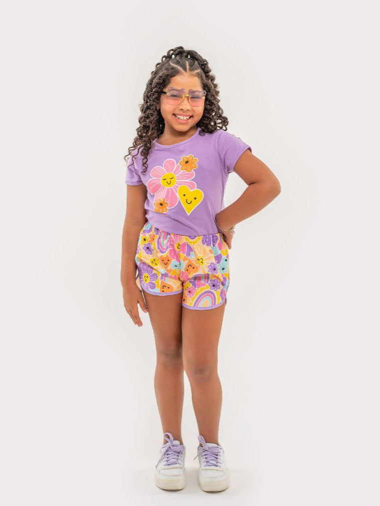Conjunto Infantil Menina Short e Blusa Flor e Coração Tamanhos 4, 6 e 8