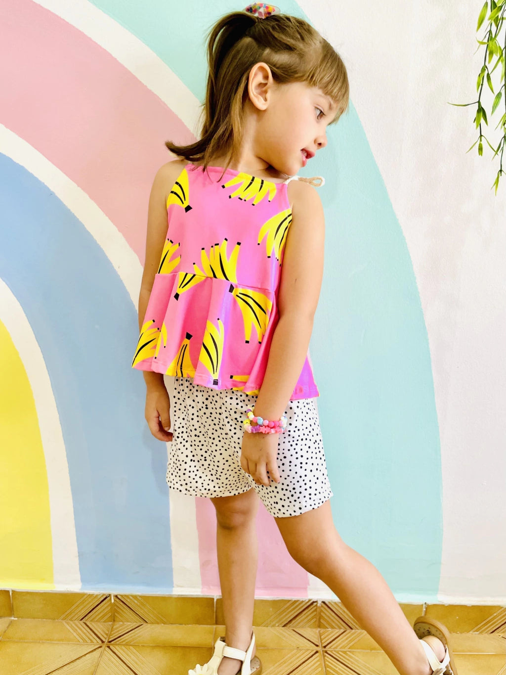 Conjunto Infantil Menina Blogueirinha Short e Blusa Babado Estampa Banana