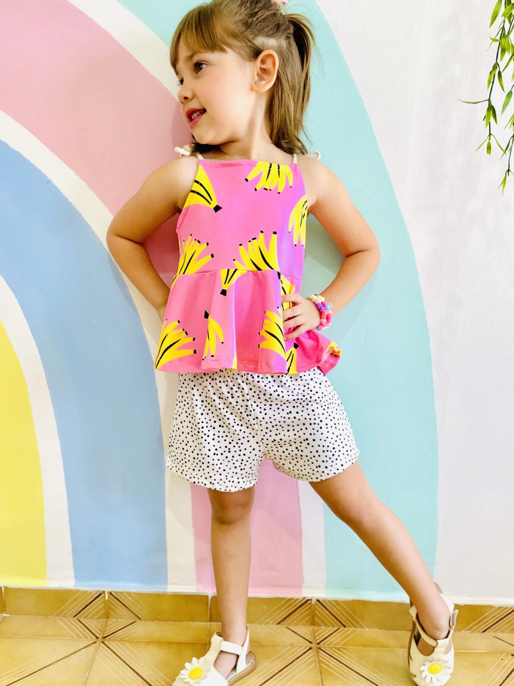 Conjunto Infantil Menina Blogueirinha Short e Blusa Babado Estampa Banana