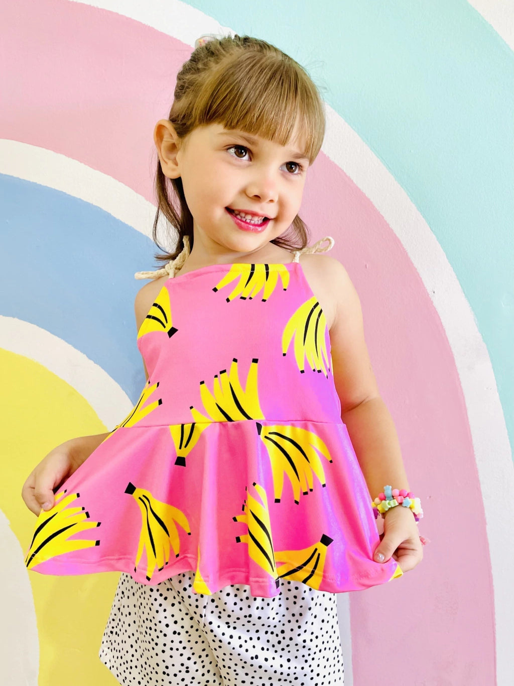 Conjunto Infantil Menina Blogueirinha Short e Blusa Babado Estampa Banana