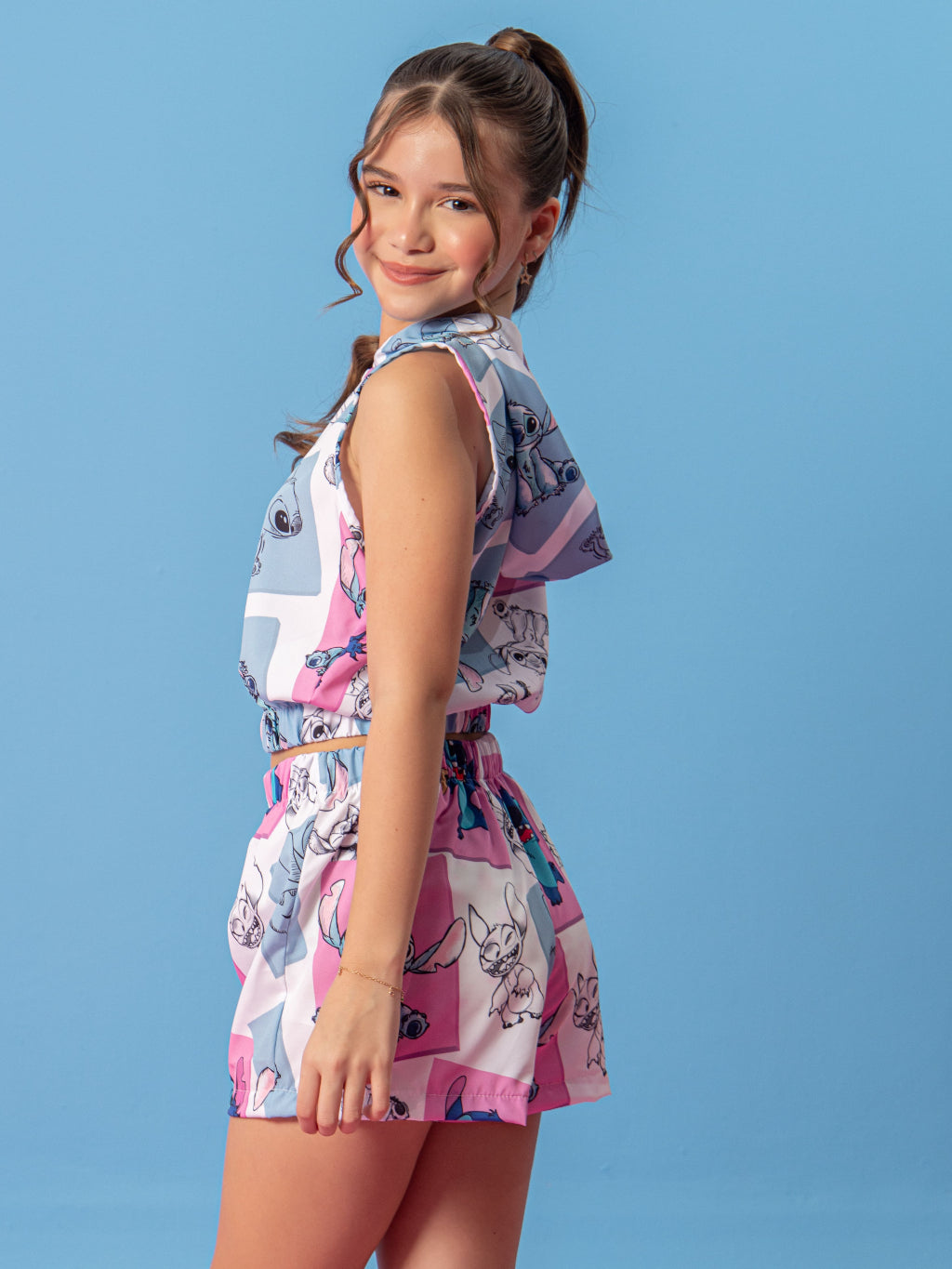 Conjunto Stitch Infantil Menina Short e Blusa Com Capuz Zíper Blogueirinha Verão e Inverno