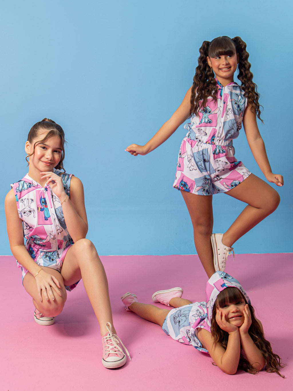Conjunto Stitch Infantil Menina Short e Blusa Com Capuz Zíper Blogueirinha Verão e Inverno