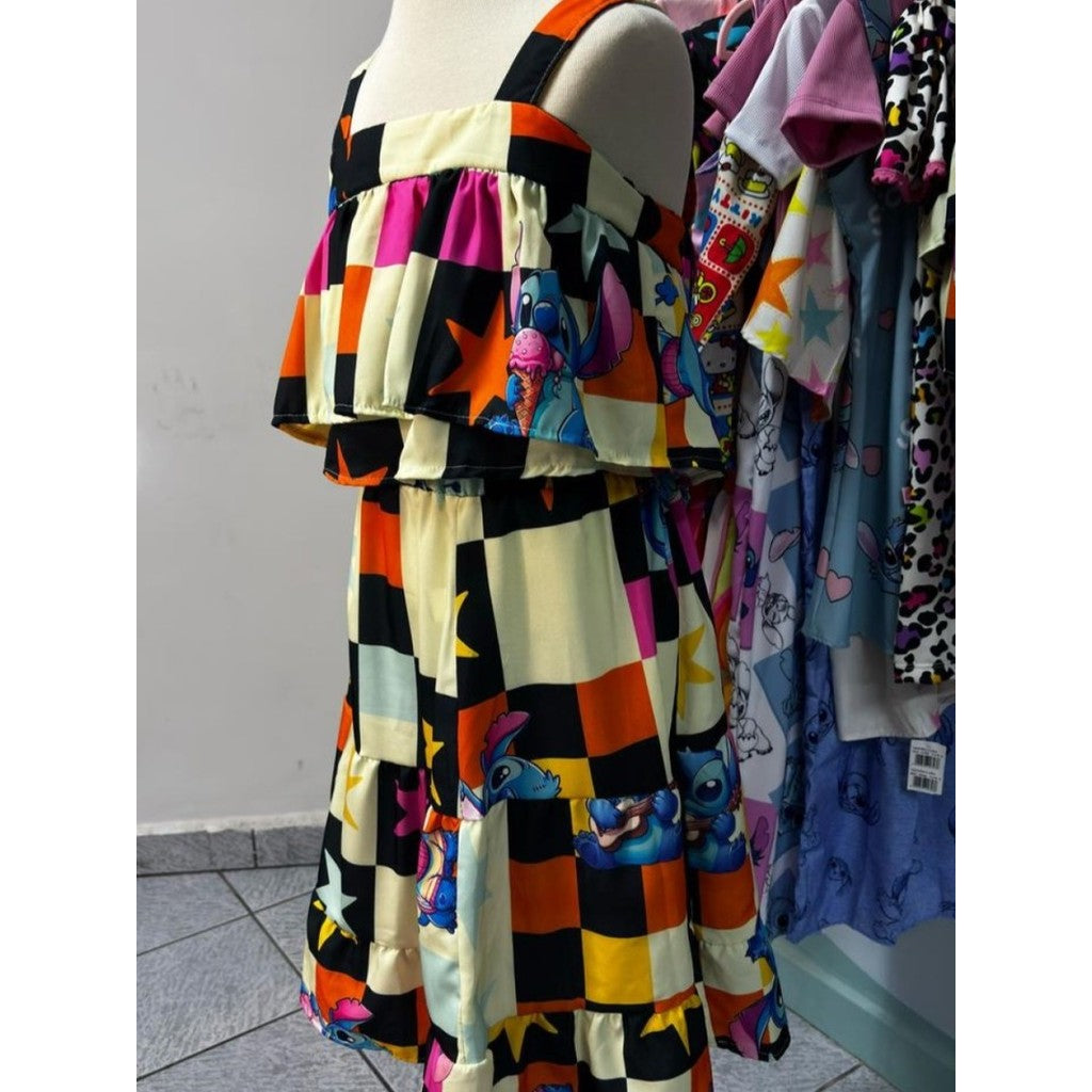 Cropped Infantil Menina Blogueirinha Com Babado Em Camadas Saia e Blusa Stitch Amarração Nas Costas