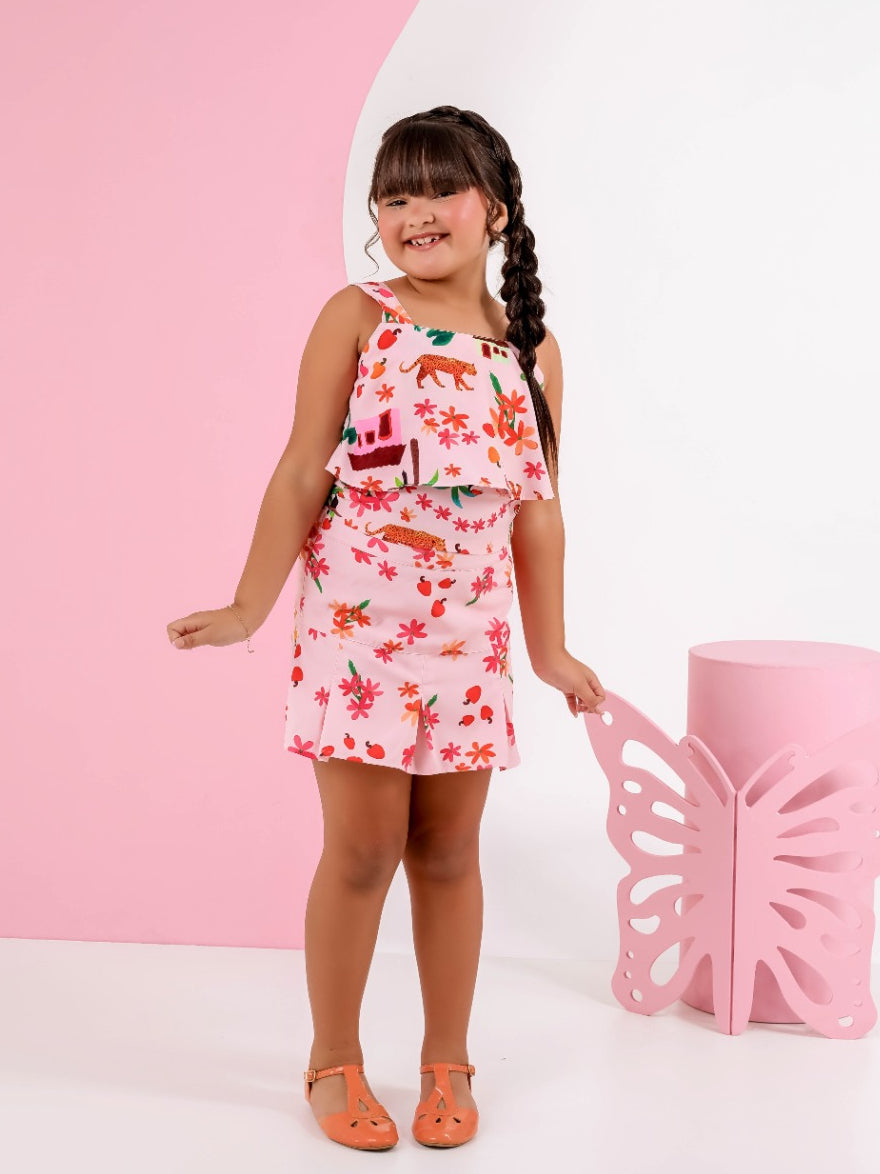 Conjunto Infantil Menina Cropped e Saia Estampado Primavera