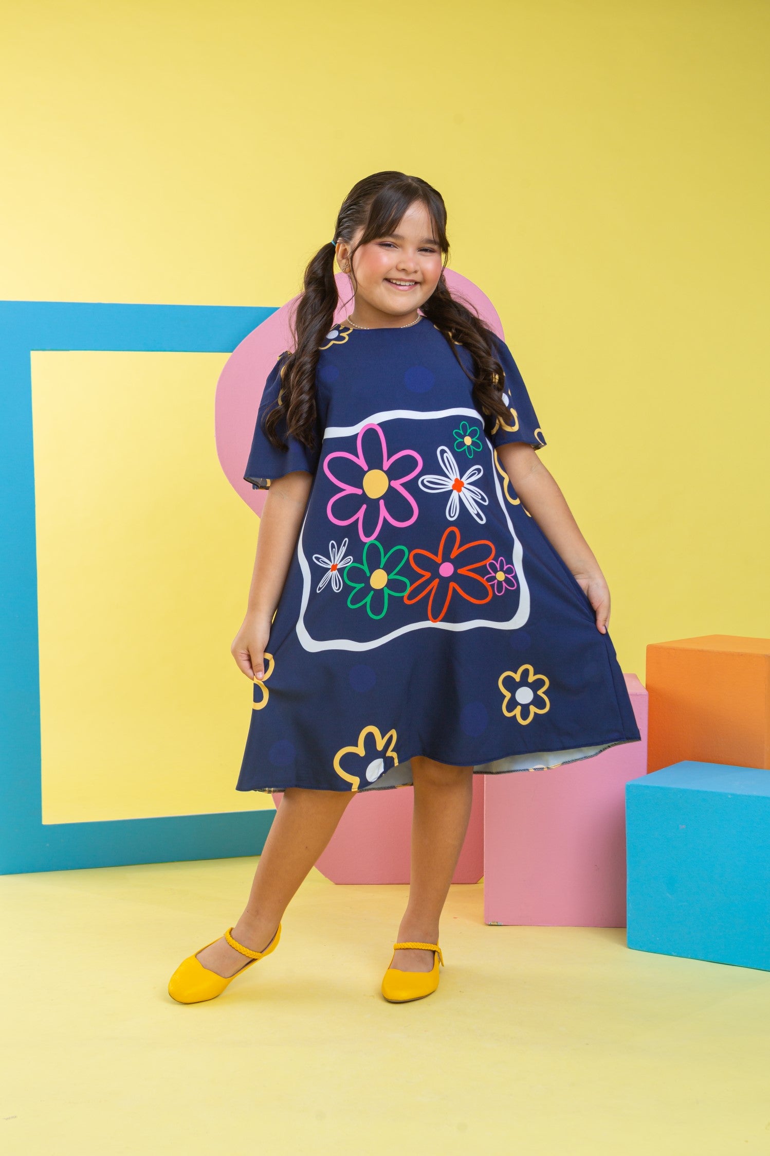 Vestido Trapézio Infantil Menina Azul Flores