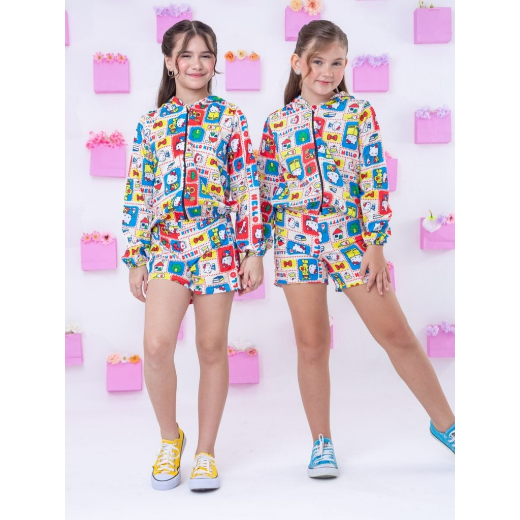 Casaco Blusa De Frio Hello Kitty Conjunto Blogueirinha Feminino Short e Blusa Com Capuz Zíper