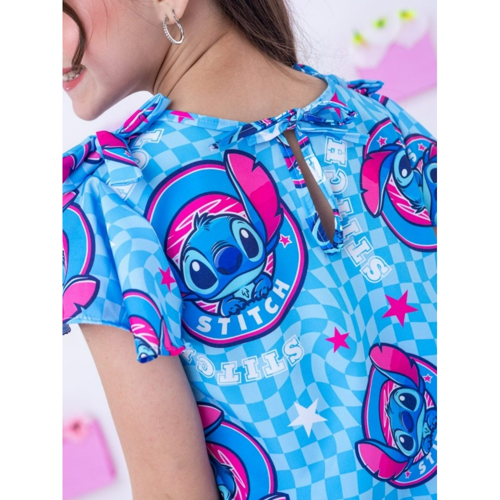 Conjunto Stitch Infantil Menina Manga Babado Com Laço Conjunto Lilo Stitch Juvenil