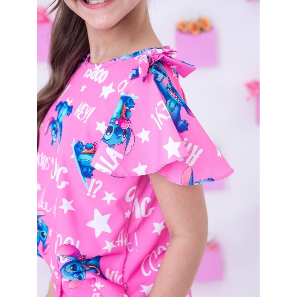 Conjunto Stitch Infantil Menina Manga Babado Com Laço Conjunto Lilo Stitch Juvenil