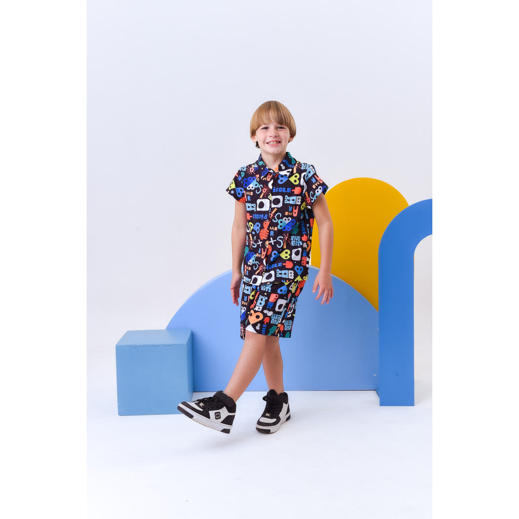 Conjunto Para Menino Infantil Juvenil Blusa Com Gola E Manga Estampa Colorida