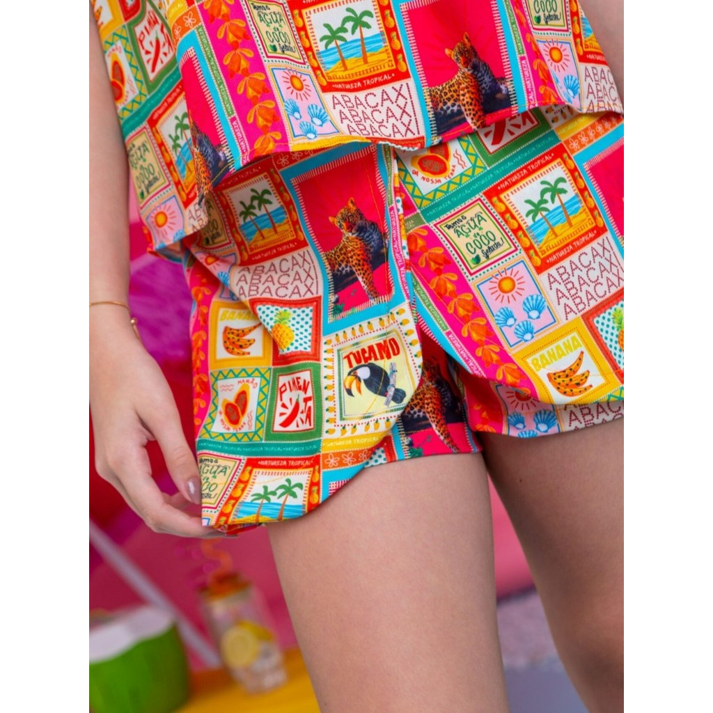 Conjunto Infantil Menina Juvenil Short Saia Babado Na Manga Estampa Animais Frutas