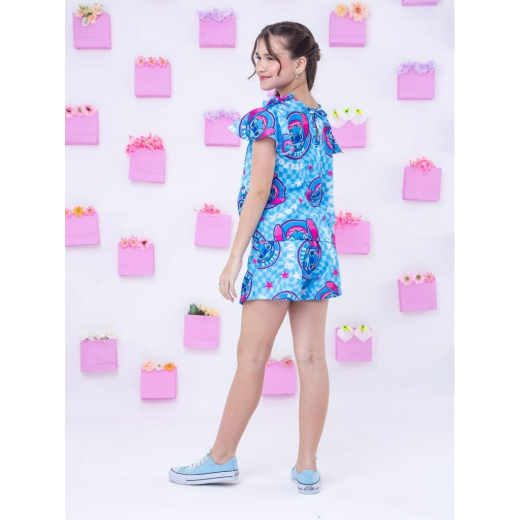 Conjunto Stitch Infantil Menina Manga Babado Com Laço Conjunto Lilo Stitch Juvenil