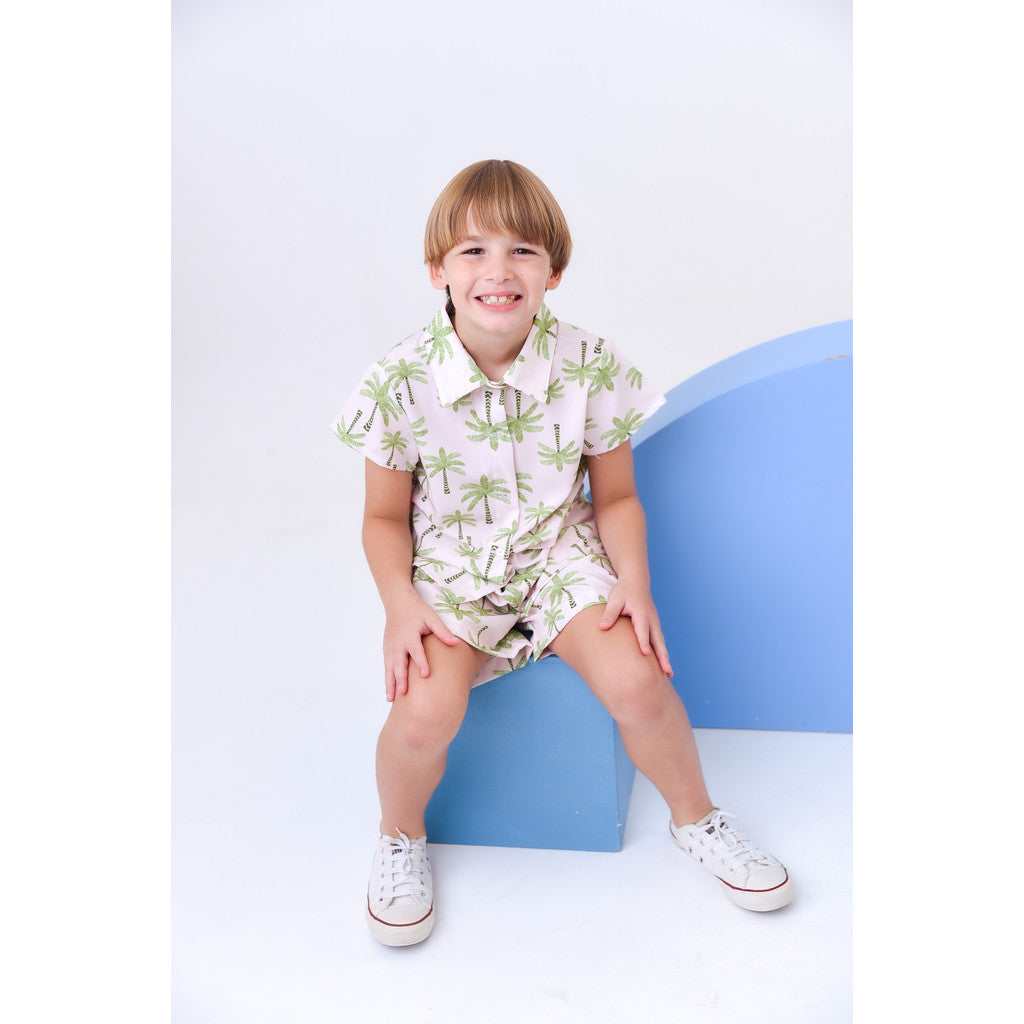 Conjunto Infantil Menino Estiloso Blusa Com Gola E Manga Estampa Coqueiros