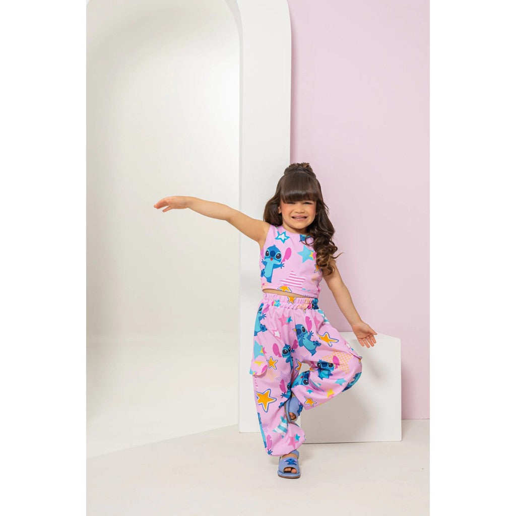 Conjunto Stitch Infantil Menina Calça e Blusa Regata Amarração Atrás