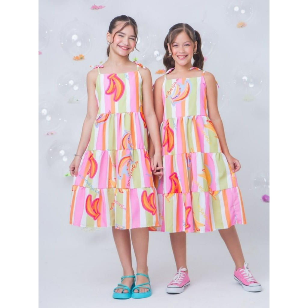 Vestido Infantil Menina Juvenil Com Alças Estampa Listrado Bananas Aberto Com Amarração Atrás