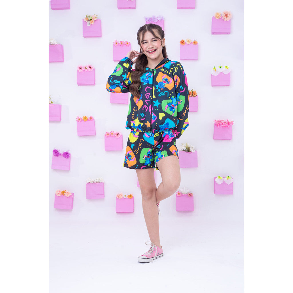 Conjunto Stitch Infantil Menina Blogueirinha Feminino Shorts e Blusa com Capuz Zíper Estampa Personagens Stitch