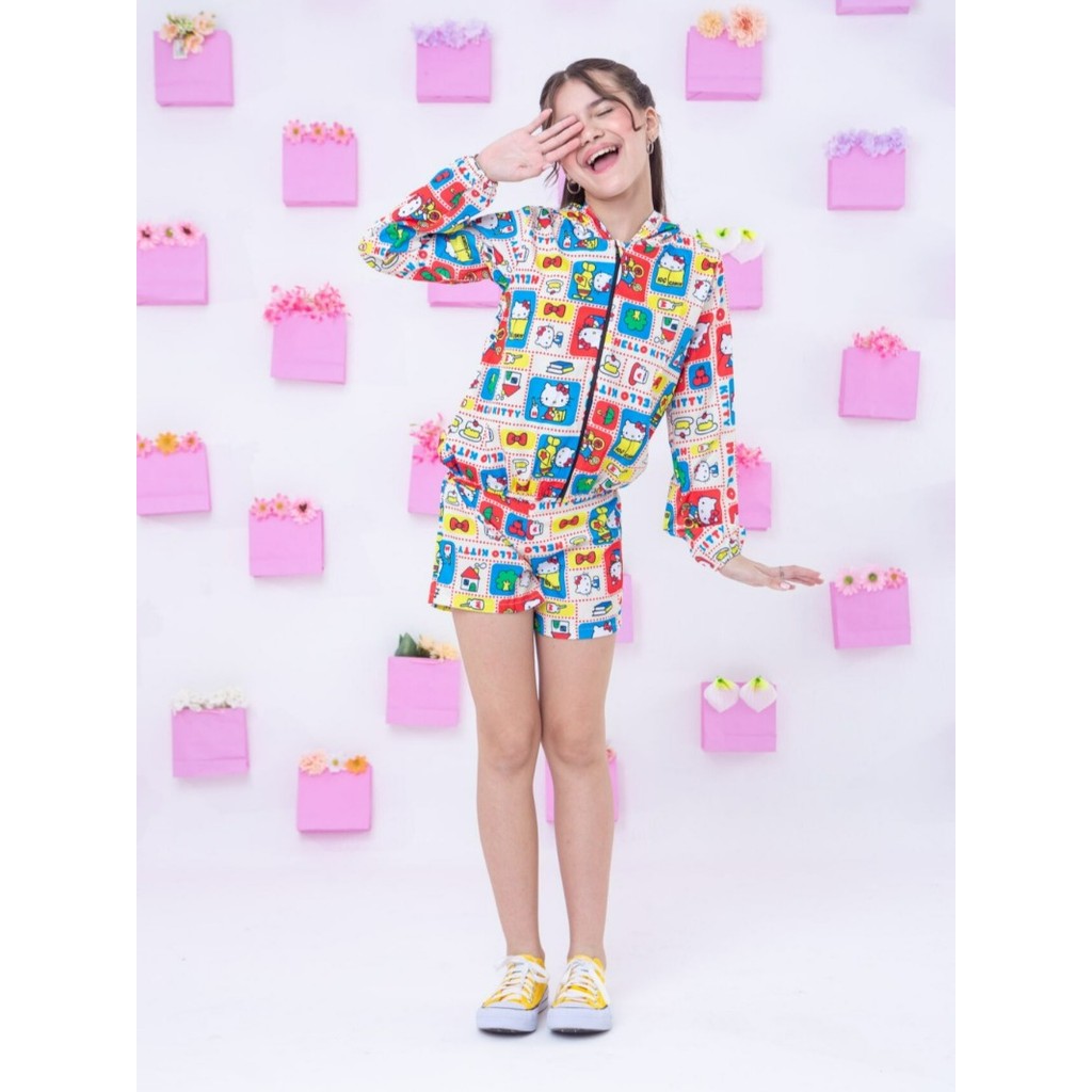 Casaco Blusa De Frio Hello Kitty Conjunto Blogueirinha Feminino Short e Blusa Com Capuz Zíper