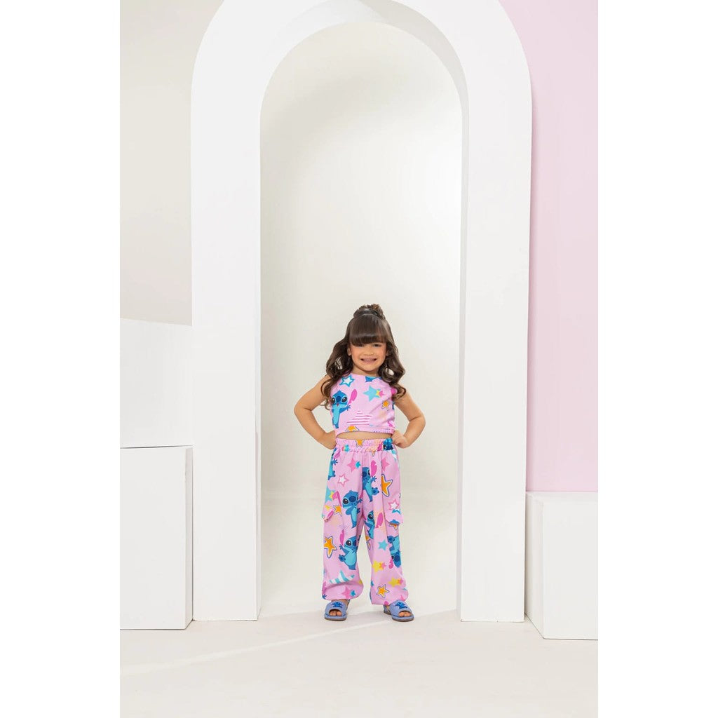 Conjunto Stitch Infantil Menina Calça e Blusa Regata Amarração Atrás