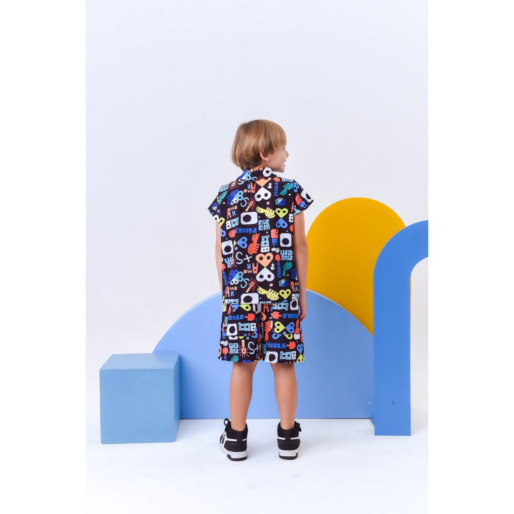 Conjunto Para Menino Infantil Juvenil Blusa Com Gola E Manga Estampa Colorida