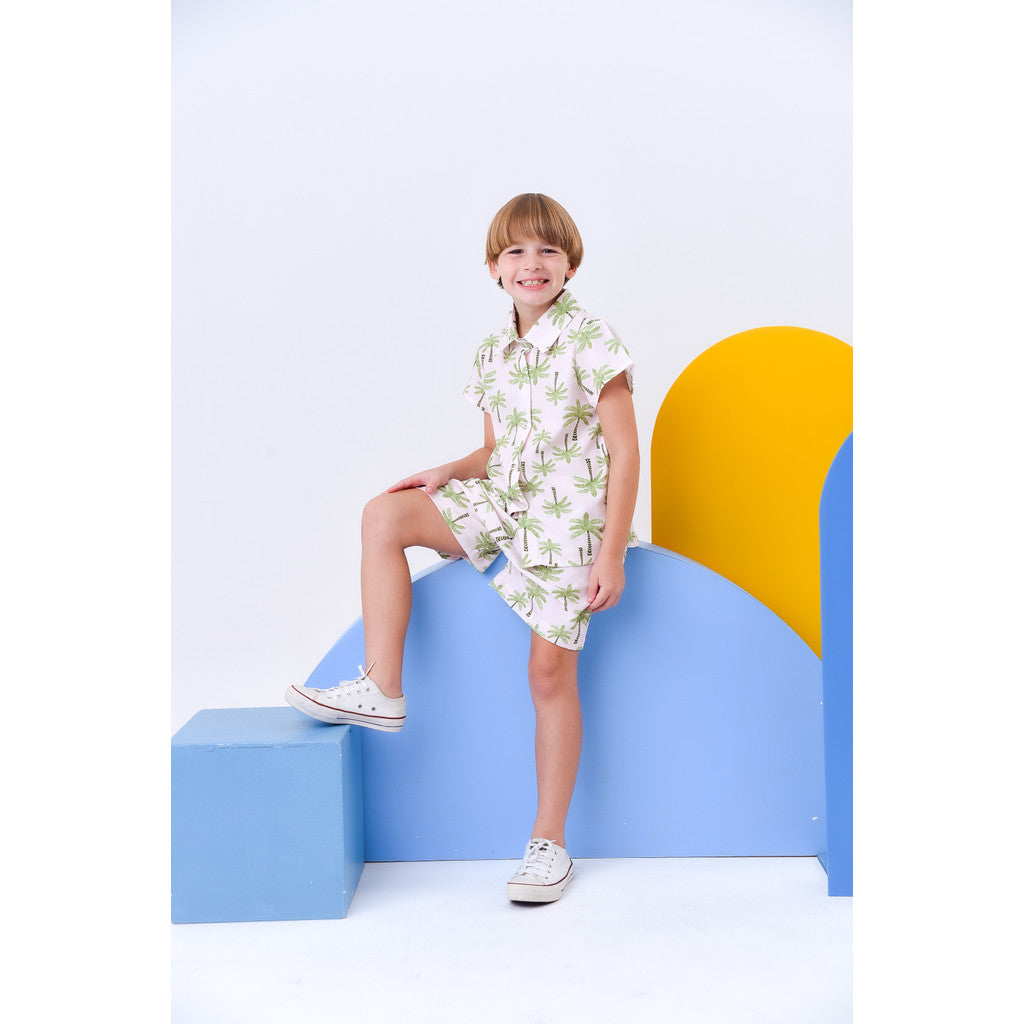 Conjunto Infantil Menino Estiloso Blusa Com Gola E Manga Estampa Coqueiros