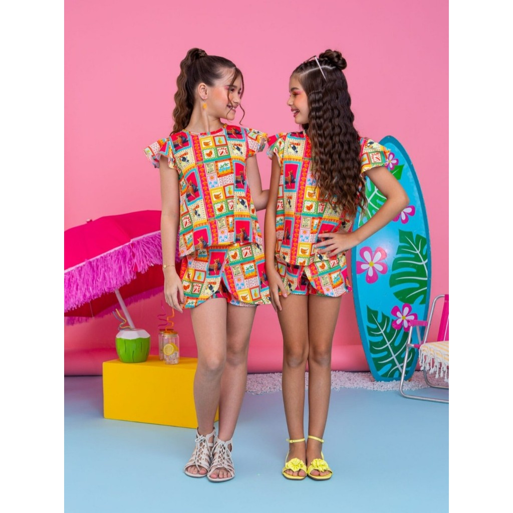 Conjunto Infantil Menina Juvenil Short Saia Babado Na Manga Estampa Animais Frutas