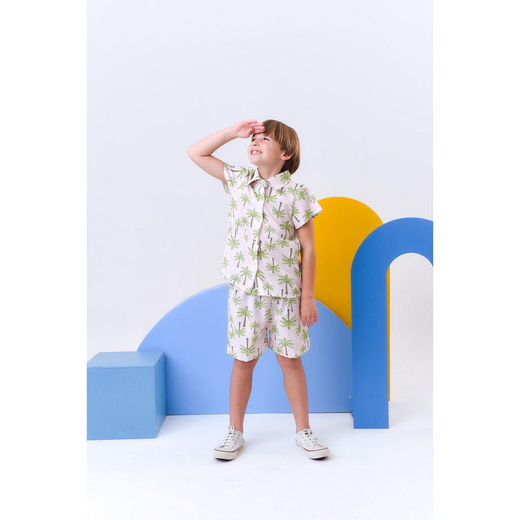 Conjunto Infantil Menino Estiloso Blusa Com Gola E Manga Estampa Coqueiros