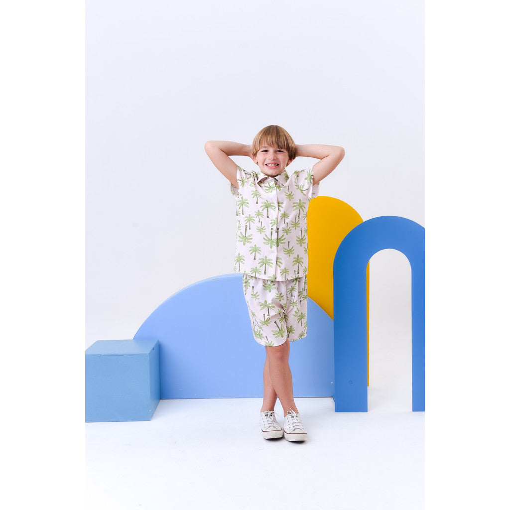 Conjunto Infantil Menino Estiloso Blusa Com Gola E Manga Estampa Coqueiros