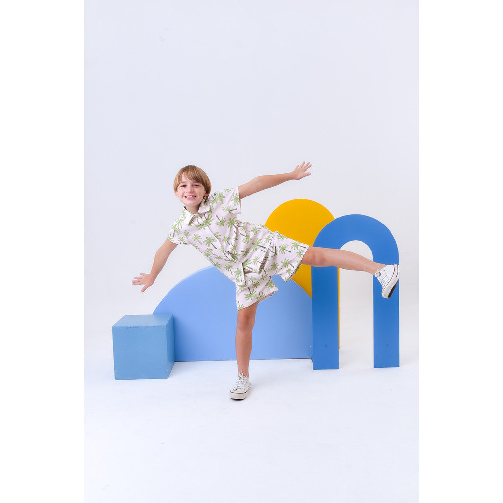 Conjunto Infantil Menino Estiloso Blusa Com Gola E Manga Estampa Coqueiros