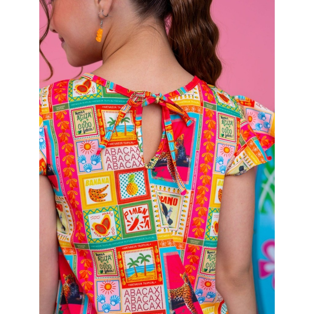 Conjunto Infantil Menina Juvenil Short Saia Babado Na Manga Estampa Animais Frutas