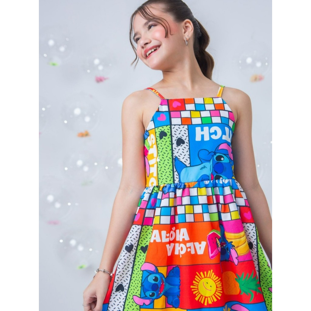 Vestido Infantil Stitch Menina Juvenil Com Alças Estampa Stitch Colorido