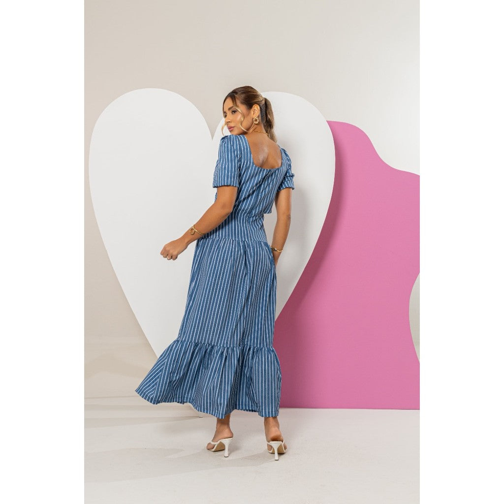 Vestido Longo Feminino Luxo Manga Bufante Zíper Nas Costas Estampa Listrado Azul