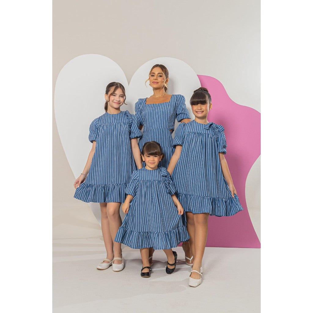Vestido Longo Feminino Luxo Manga Bufante Zíper Nas Costas Estampa Listrado Azul