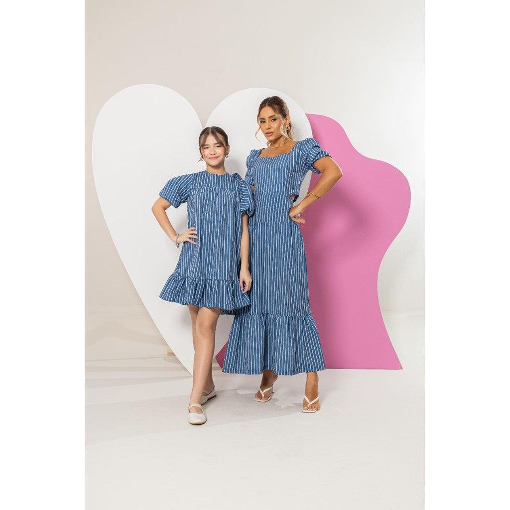 Vestido Longo Feminino Luxo Manga Bufante Zíper Nas Costas Estampa Listrado Azul