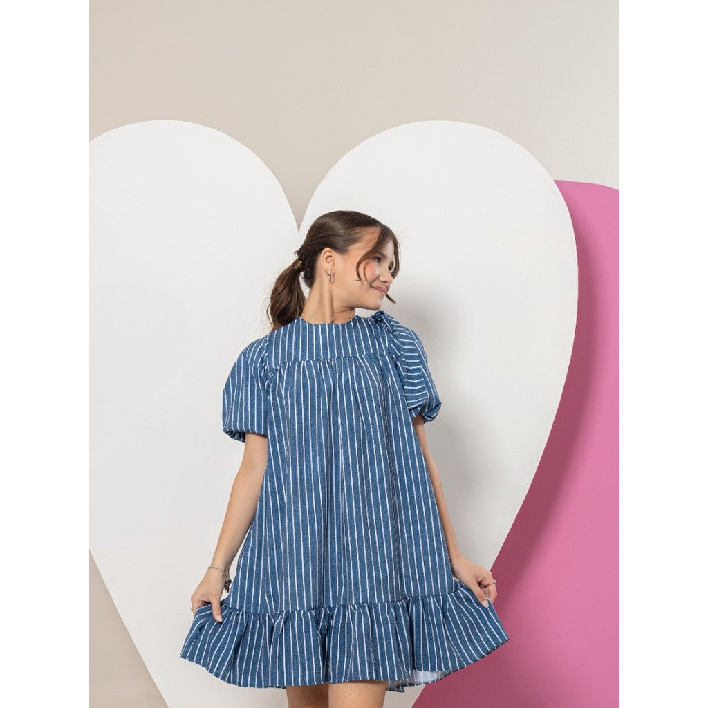 Vestido Infantil Menina Juvenil Manga Bufante Com Laço No Ombro Estampa Listrado