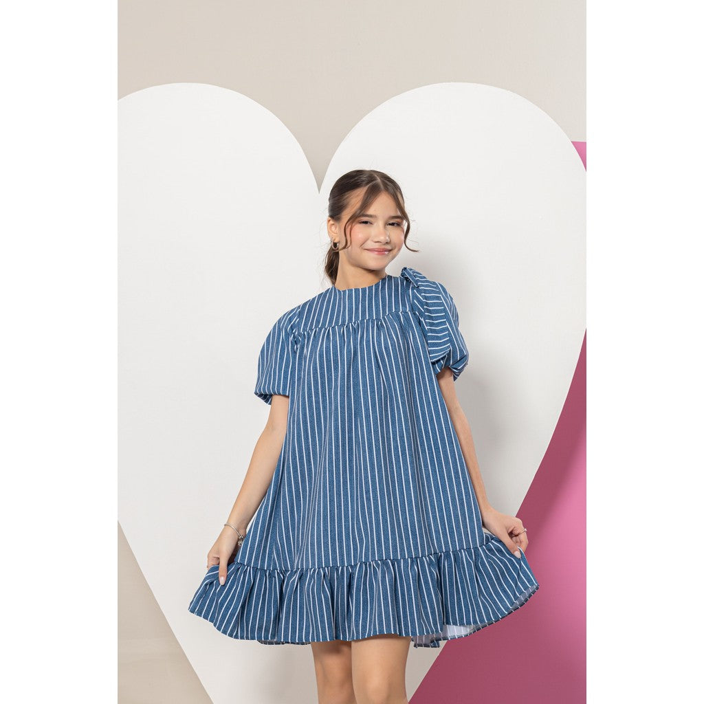 Vestido Infantil Menina Juvenil Manga Bufante Com Laço No Ombro Estampa Listrado