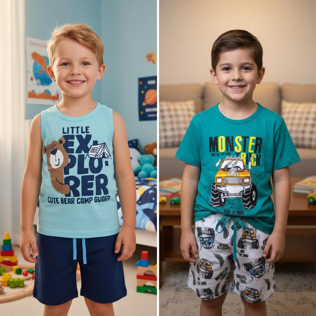 KIT SORTIDO 4 PEÇAS CONJUNTO VERÃO MENINO INFANTIL 1 À 14 ANOS CAMISETA E BERMUDA ALGODÃO