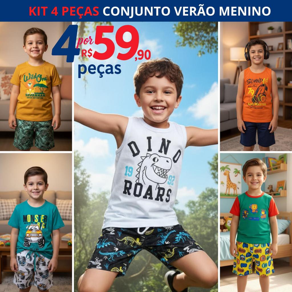 KIT SORTIDO 4 PEÇAS CONJUNTO VERÃO MENINO INFANTIL 1 À 14 ANOS CAMISETA E BERMUDA ALGODÃO