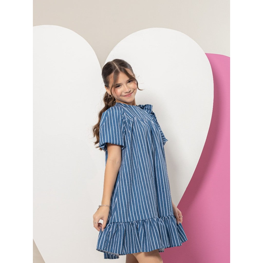 Vestido Infantil Menina Juvenil Manga Bufante Com Laço No Ombro Estampa Listrado