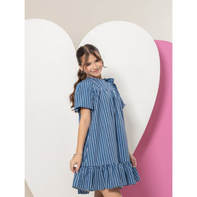 Vestido Infantil Menina Juvenil Manga Bufante Com Laço No Ombro Estampa Listrado