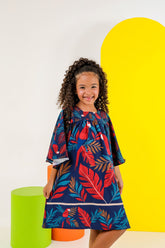 Vestido Manga Longa Infantil Estampa Arara Azul e Vermelho