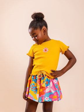 Conjunto Infantil Feminino Blusa Amarela + Saia Estampada Floral Colorida Tam 4,6,8
