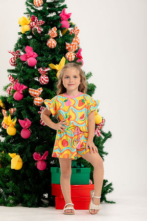 Conjunto Infantil Feminino Blusa Babado + Shorts Estampa Frutas Amarelo Algodão