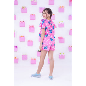 Conjunto Stitch Infantil Menina Manga Babado Com Laço Rosa Conjunto Lilo Stitch Juvenil