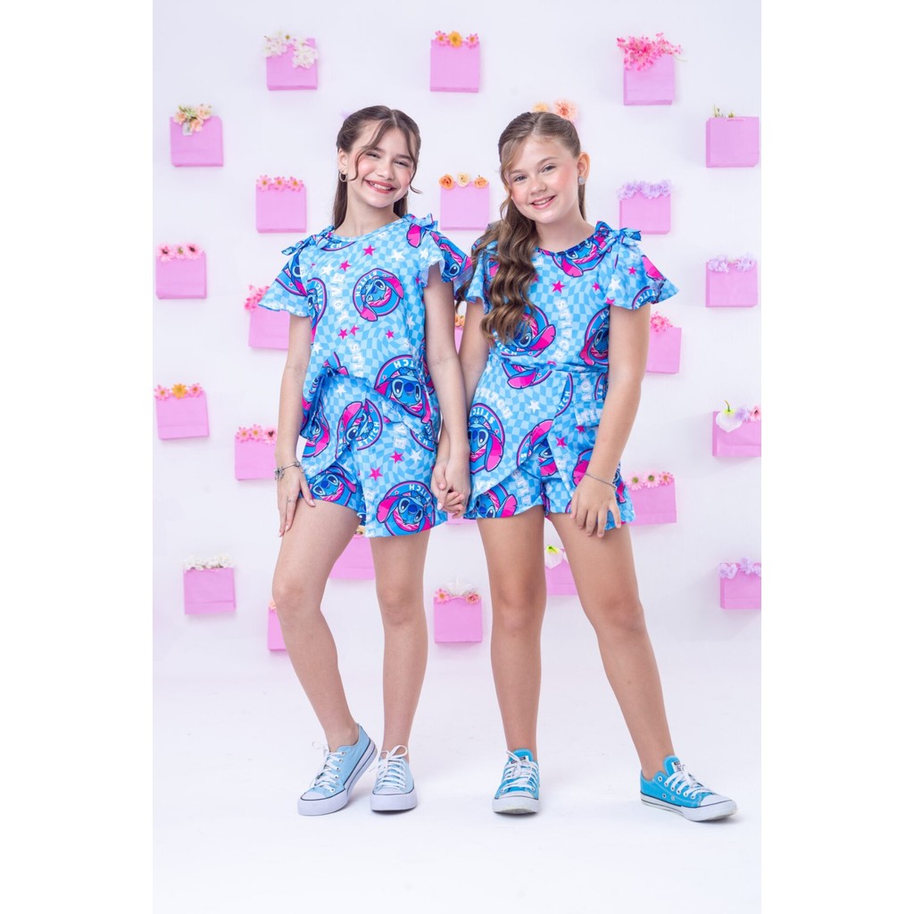 Conjunto Stitch Infantil Menina Manga Babado Com Laço Azul Conjunto Lilo Stitch Juvenil