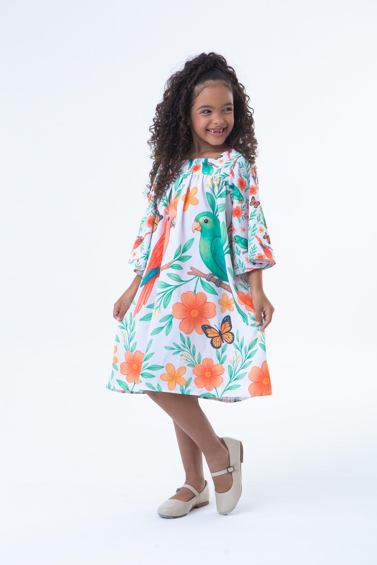 Vestido Lara Manga Longa Estampa Farm Pássaros