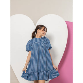 Vestido Infantil Menina Juvenil Manga Bufante Com Laço No Ombro Estampa Listrado