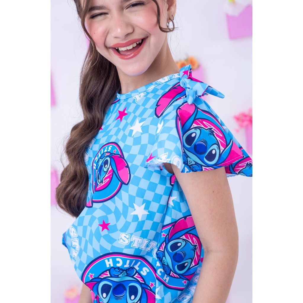 Conjunto Stitch Infantil Menina Manga Babado Com Laço Azul Conjunto Lilo Stitch Juvenil