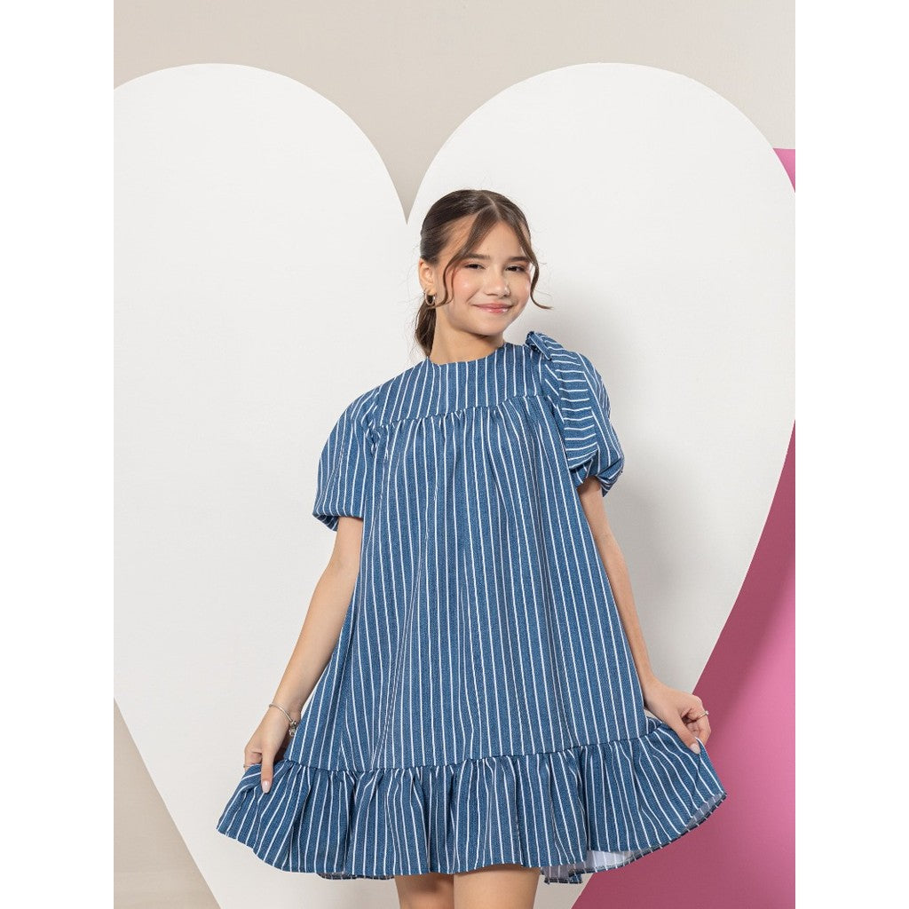 Vestido Infantil Menina Juvenil Manga Bufante Com Laço No Ombro Estampa Listrado